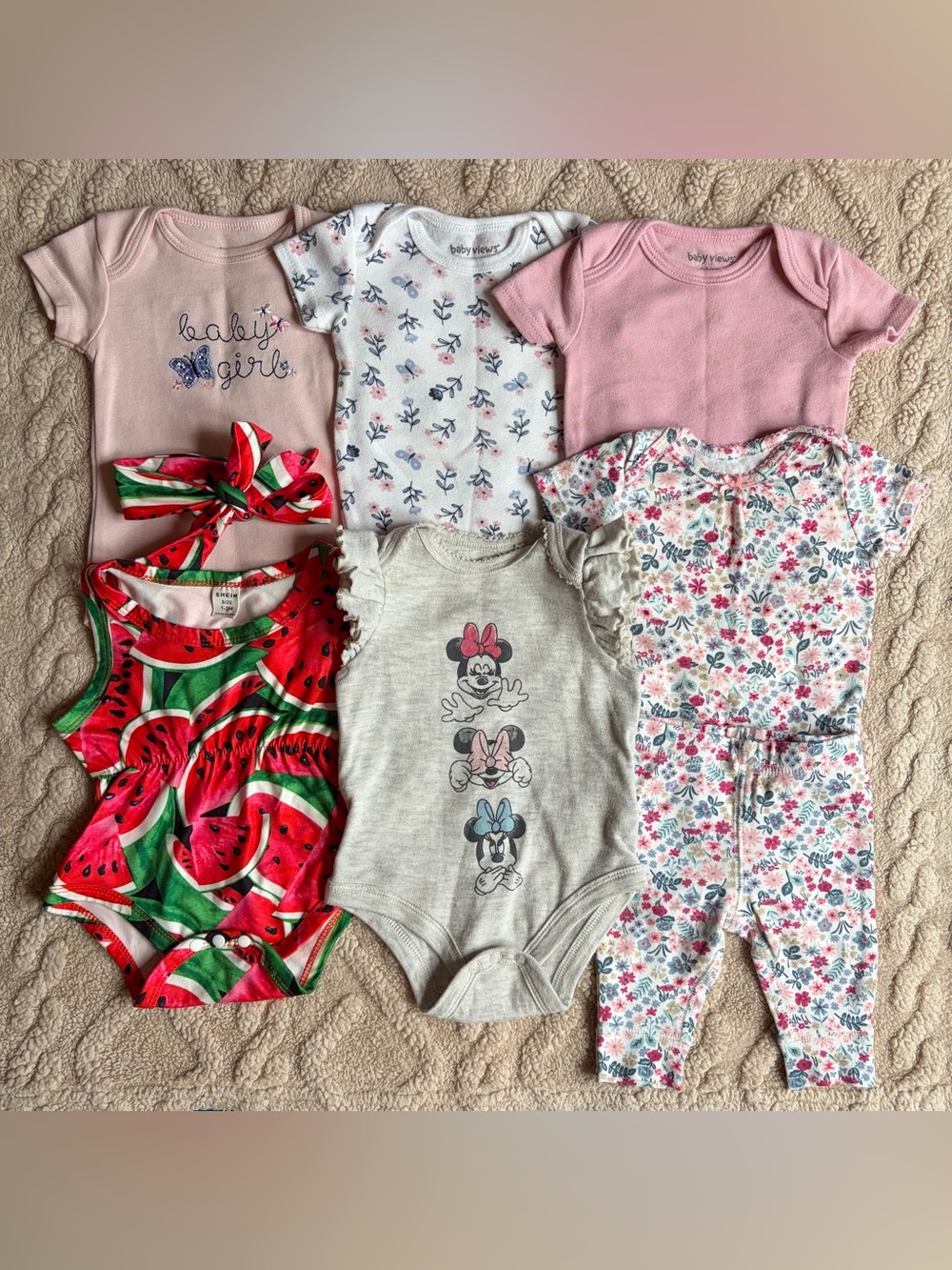 Baby Girl 0-3M Bodysuit Lot - Minnie Mouse Pink Floral Outfit Sets, 8PC Bundle